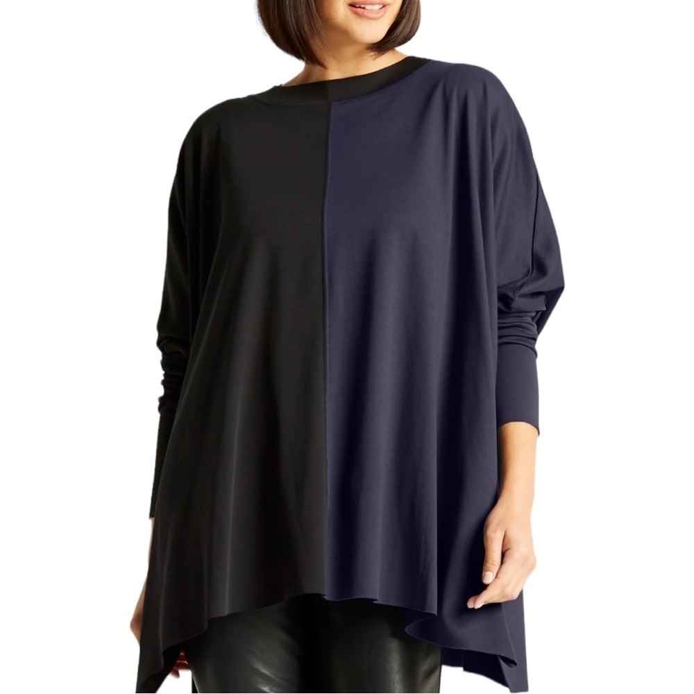 PLANET by Lauren G Pima Cotton Two Tone Crew Swing Tee Black Midnight OS